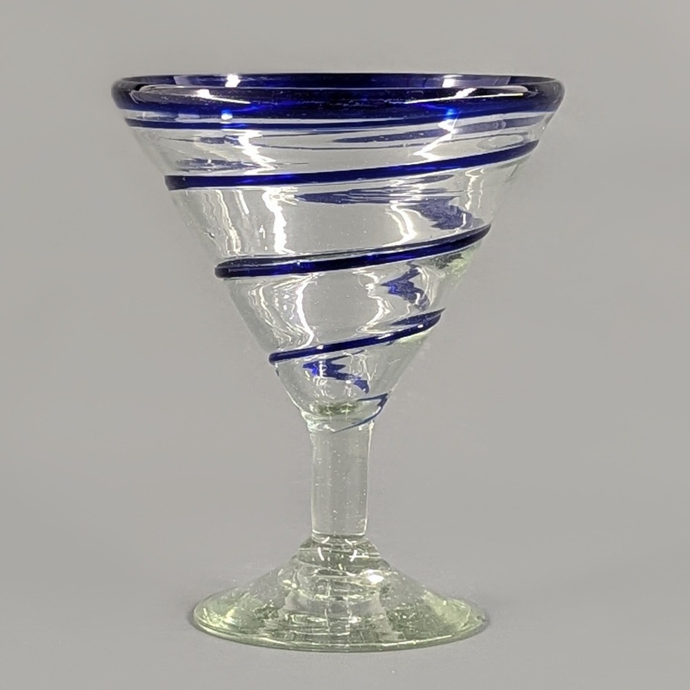 Hand Blown Margarita Glass Cobalt Blue Spiral Wrap Mexican Glassware 6in